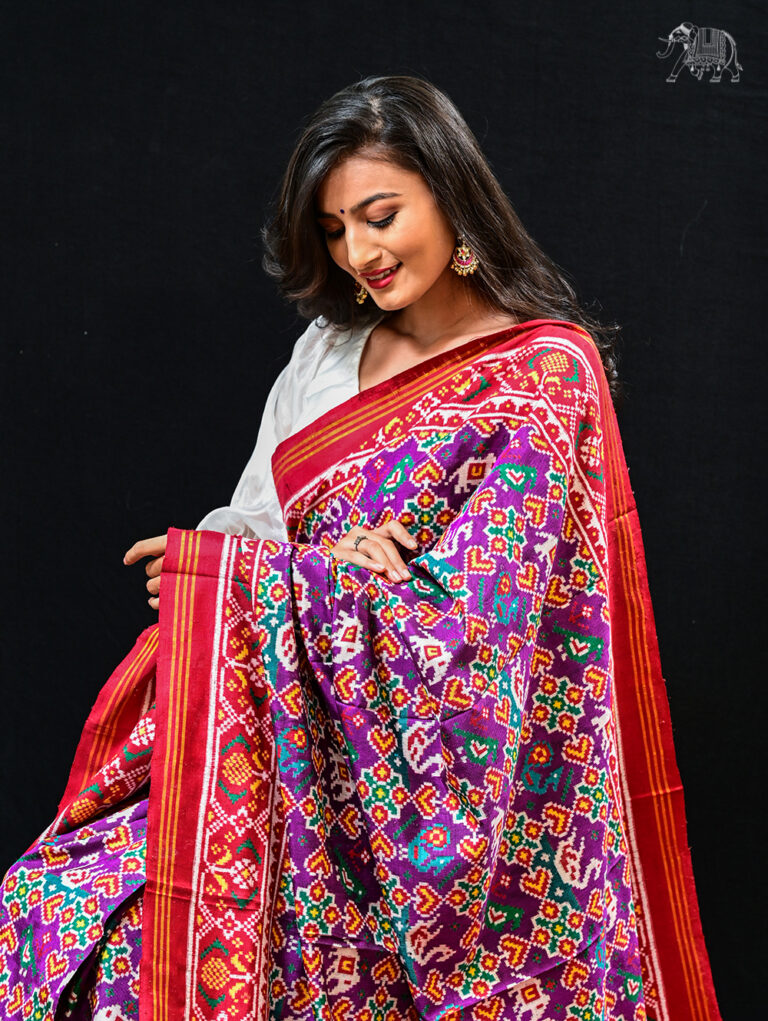 Pink & Yellow Navratan Semi Double Ikat Patola Saree main image 0