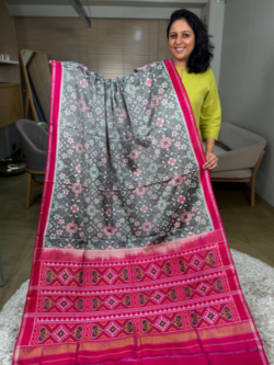 Grey Patan Patola Single Ikkat Pure Silk Saree