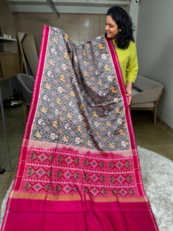 Grey Patan Patola Single Ikkat Pure Silk Saree