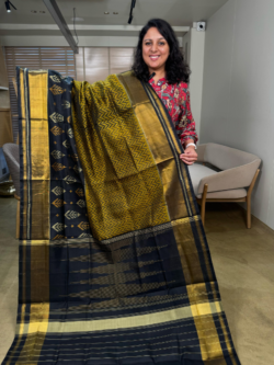 Mustard Black Rajkot Patola Pure Silk Saree