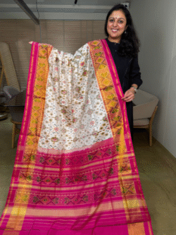 White Pink Rajkot Patola Pure Silk Saree